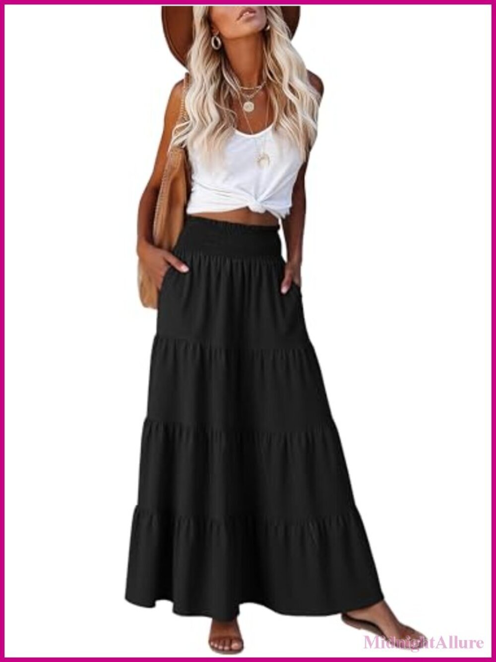 Elastic High Waist A-Line Maxi Skirt with Pockets, Flowy Boho Tiered Skirt